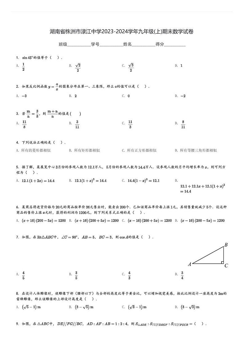 湖南省株洲市渌江中学2023-2024学年九年级(上)期末数学试卷(含解析)01