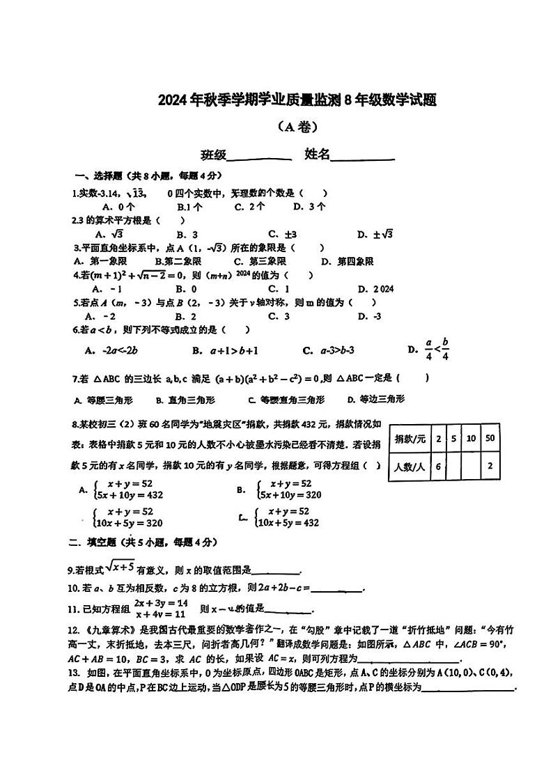 四川绵阳市东辰学校2024—2025学年上学期学业质量监测八年级期中数学卷01