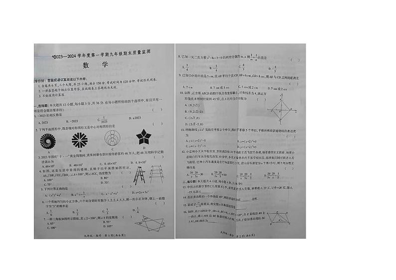 贵州省安顺市2023-2024学年九年级上学期期末数学试卷（PDF版无答案）01