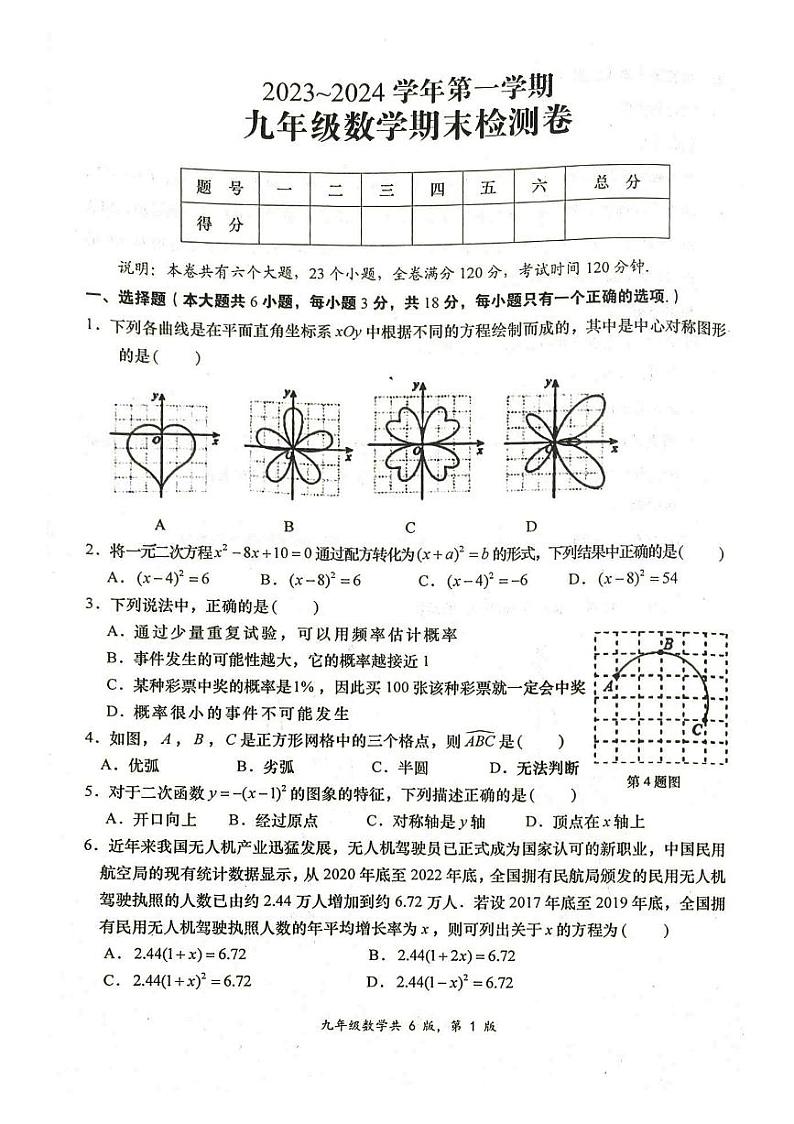 江西省赣州市于都县2023-2024学年九年级上学期1月期末数学试题01
