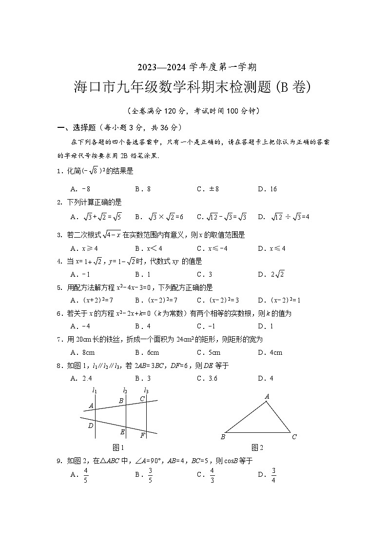 2023-2024学年海南省海口市九年级（上）期末数学试卷（B卷）01