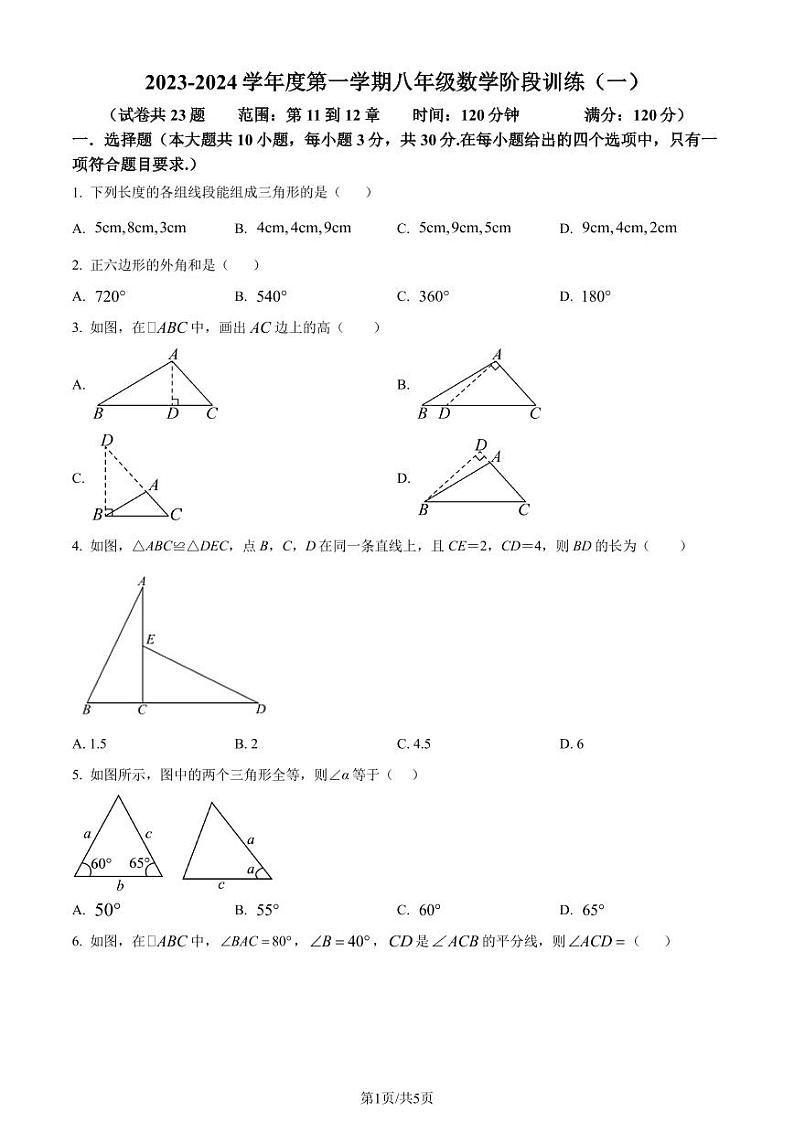广东省湛江市廉江市2023-2024学年八年级上学期月考数学试题（原卷版）第1页