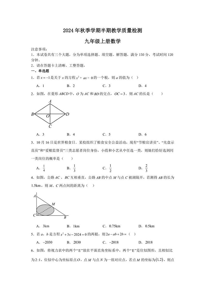 贵州省毕节市金沙县2024～2025学年九年级(上)期中联考数学试卷(含解析)第1页