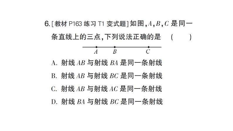 初中数学新人教版七年级上册6.2.1 直线、射线、线段作业课件（2024秋）第6页