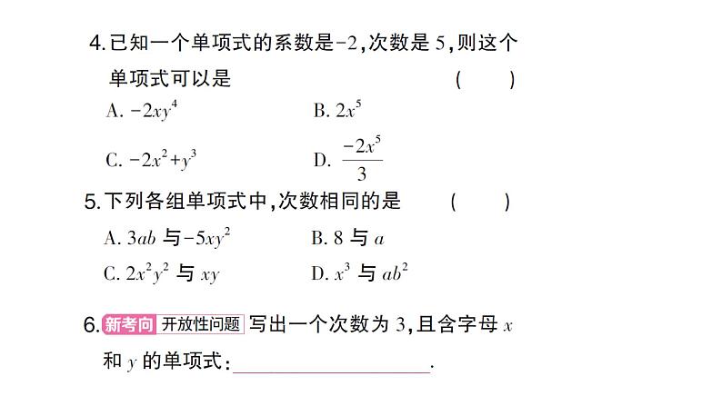 初中数学新人教版七年级上册4.1第1课时 单项式作业课件（2024秋）第3页