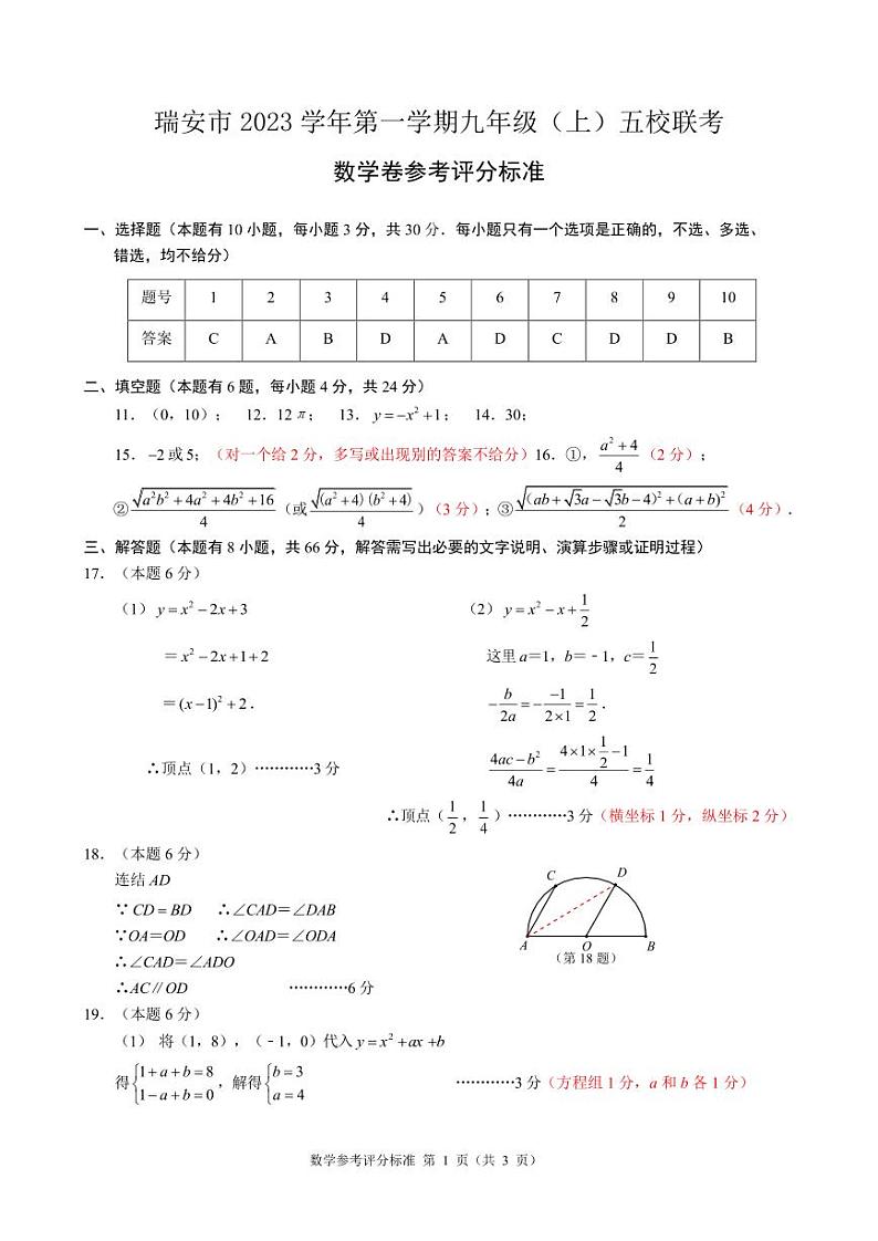 2024届九上期中评价数学试卷，2023.10（集云、瑞祥、北外等）参考评分标准（终稿）第1页