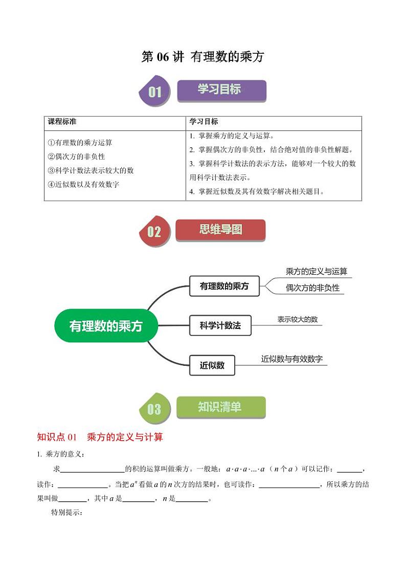 第06讲 有理数的乘方（原卷版）-2024-2025学年七年级数学上册同步学与练（人教版）第1页