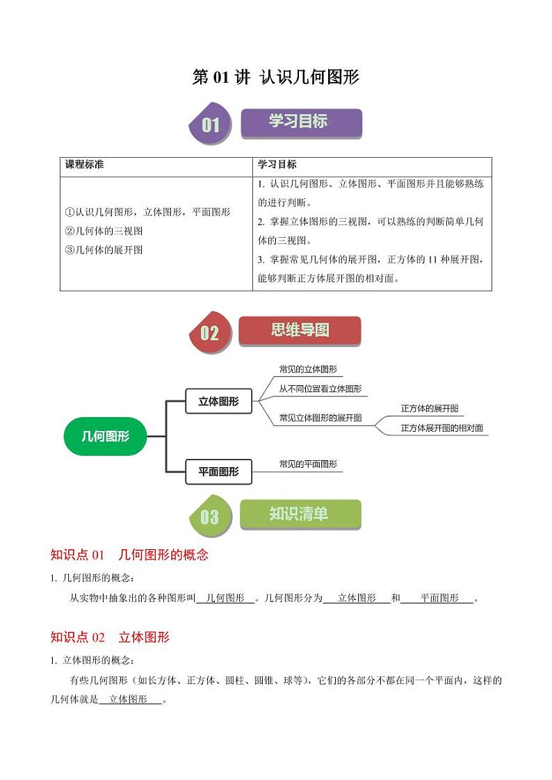 第01讲 几何图形的认识（解析版）-2024-2025学年七年级数学上册同步学与练（人教版）第1页