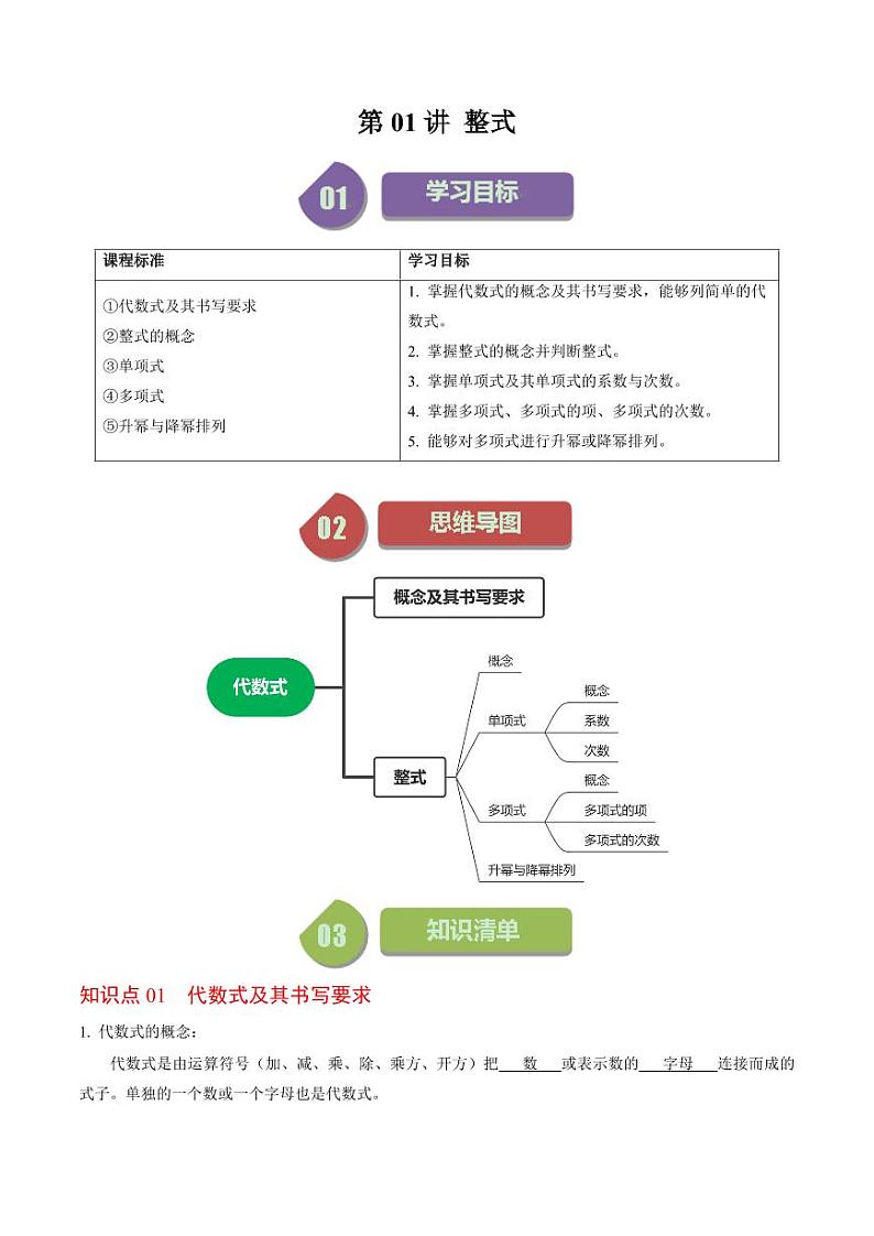第01讲 整式（解析版）-2024-2025学年七年级数学上册同步学与练（人教版）01