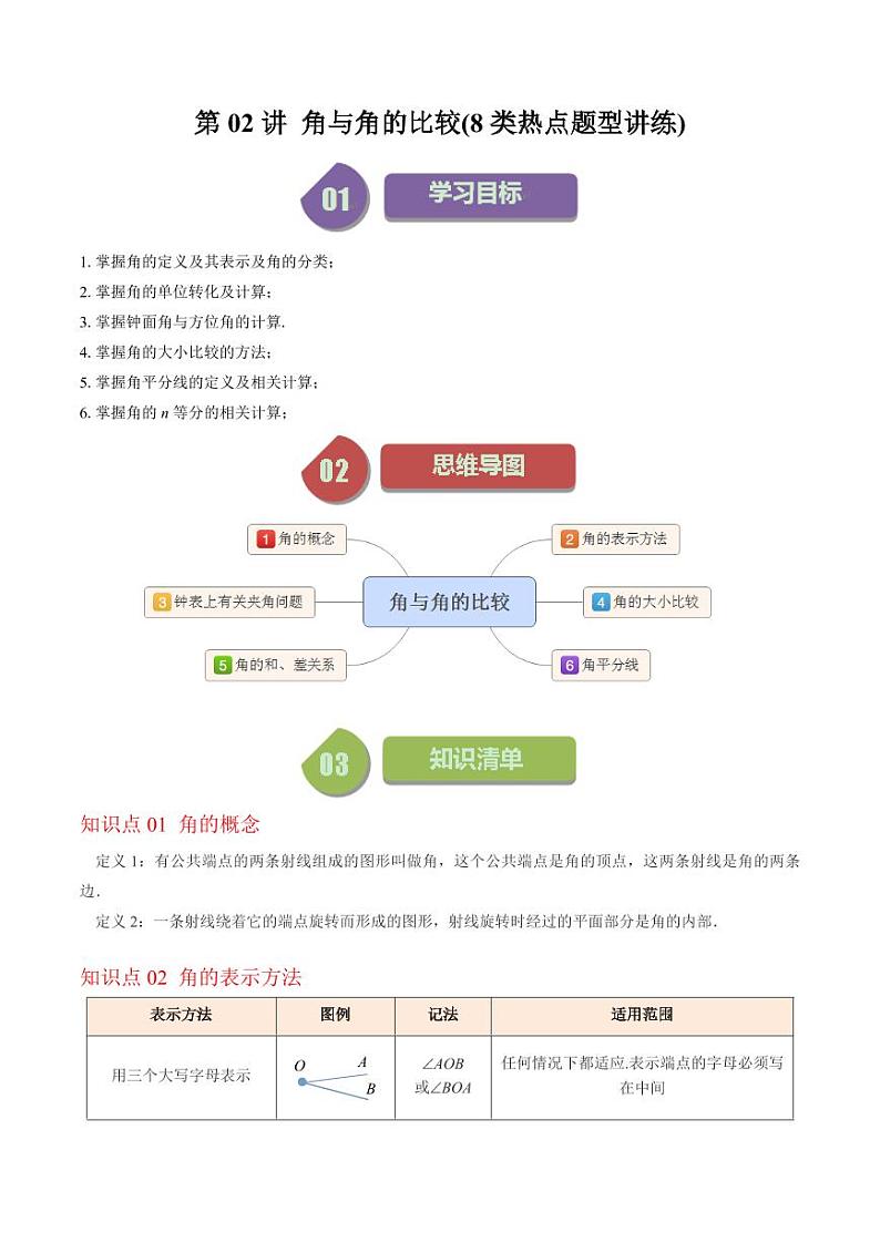第02讲 角与角的比较(8类热点题型讲练)（原卷版）-2024-2025学年七年级数学上册同步学与练（北师大版）第1页