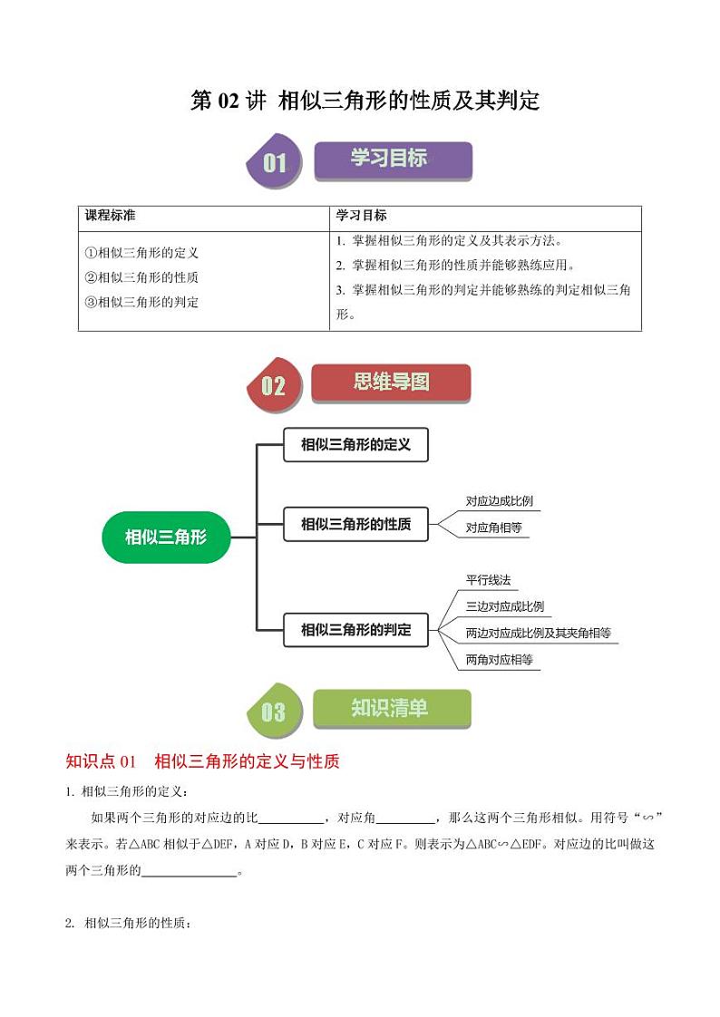 第02讲  相似三角形及其性质（原卷版）-2024-2025学年九年级数学下册同步学与练（人教版）第1页