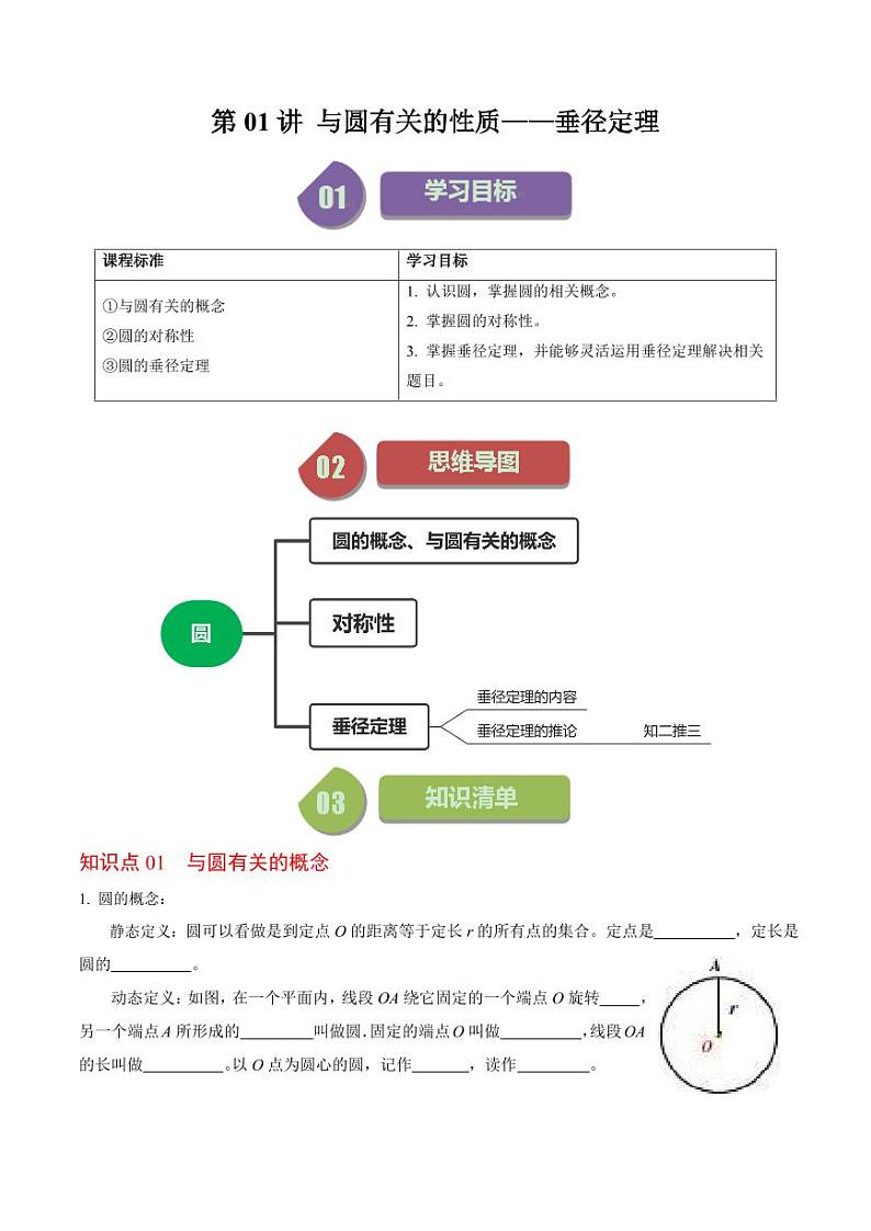 第01讲  与圆有关的性质-垂径定理（原卷版）-2024-2025学年九年级数学上册同步学与练（人教版）第1页