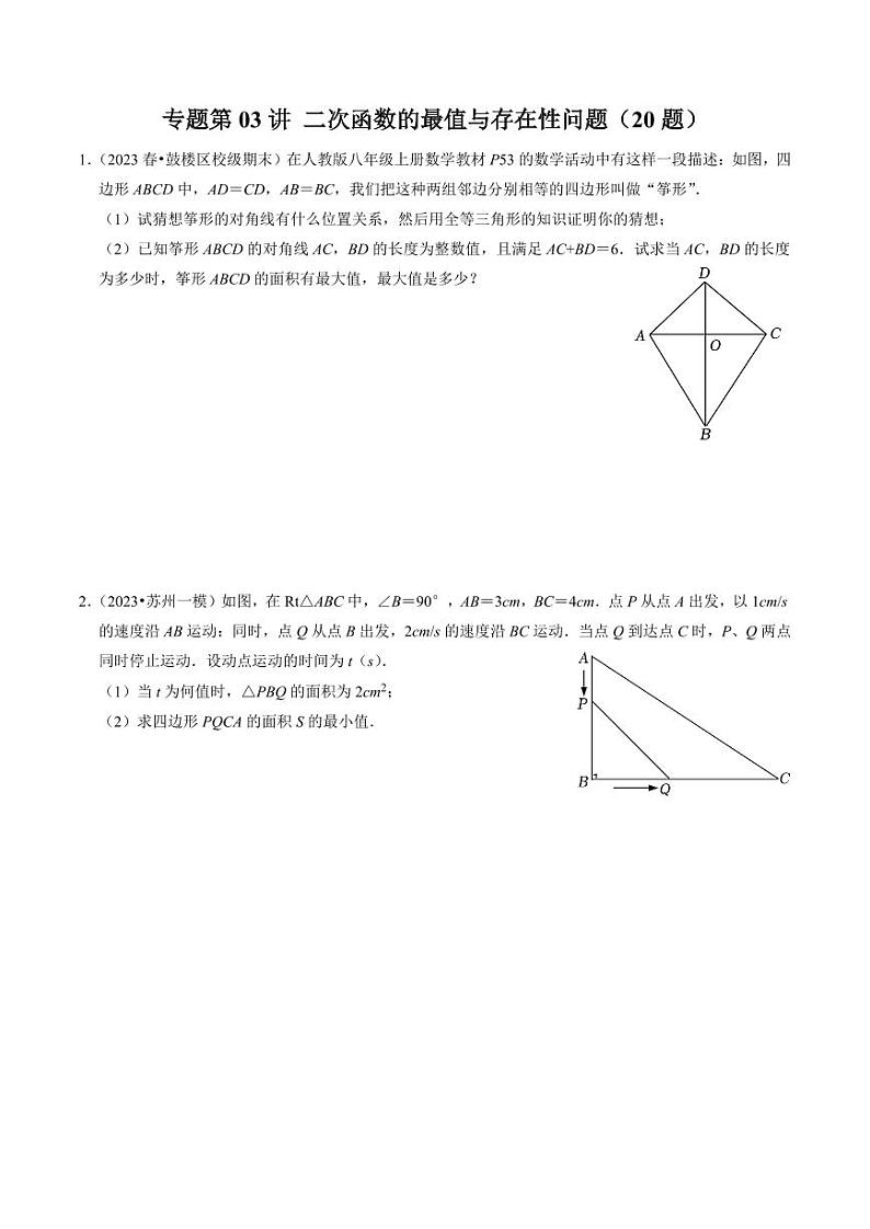 专题03 二次函数的最值与存在性问题（20题）（原卷版）-2024-2025学年九年级数学上册同步学与练（人教版）第1页