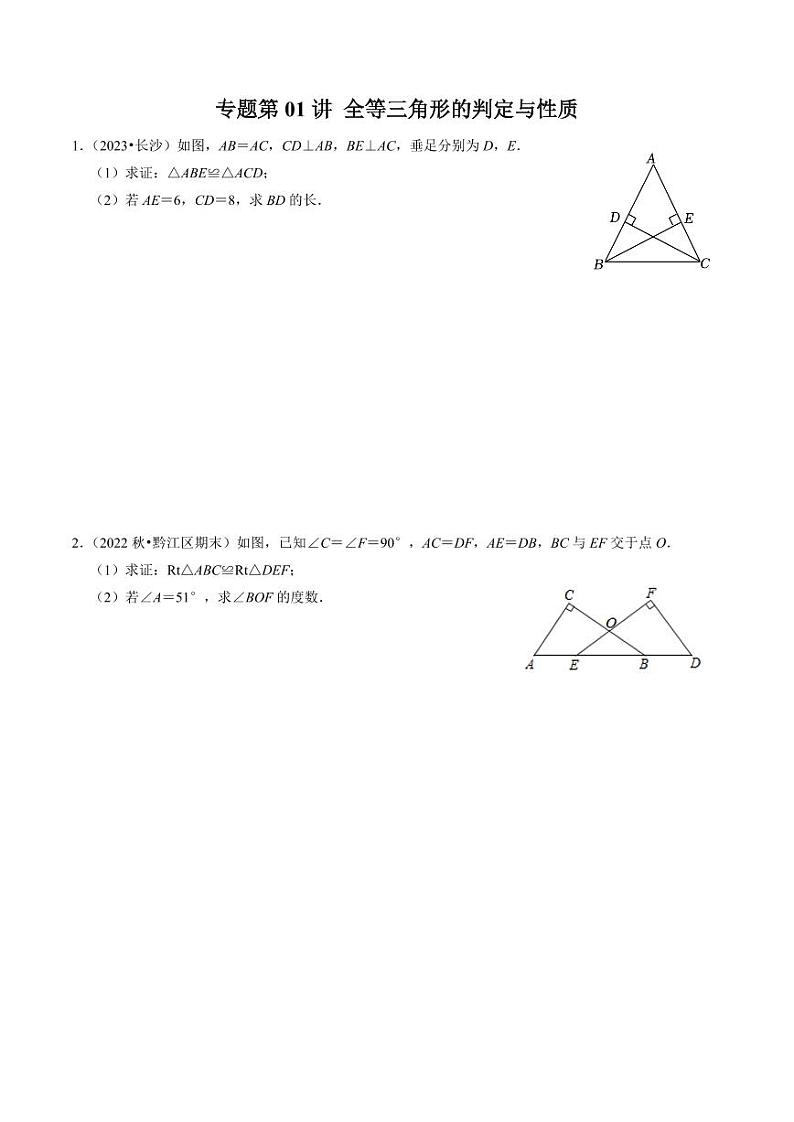 专题01 全等三角形的判定与性质（30题）（原卷版）-2024-2025学年八年级数学上册同步学与练（人教版）第1页