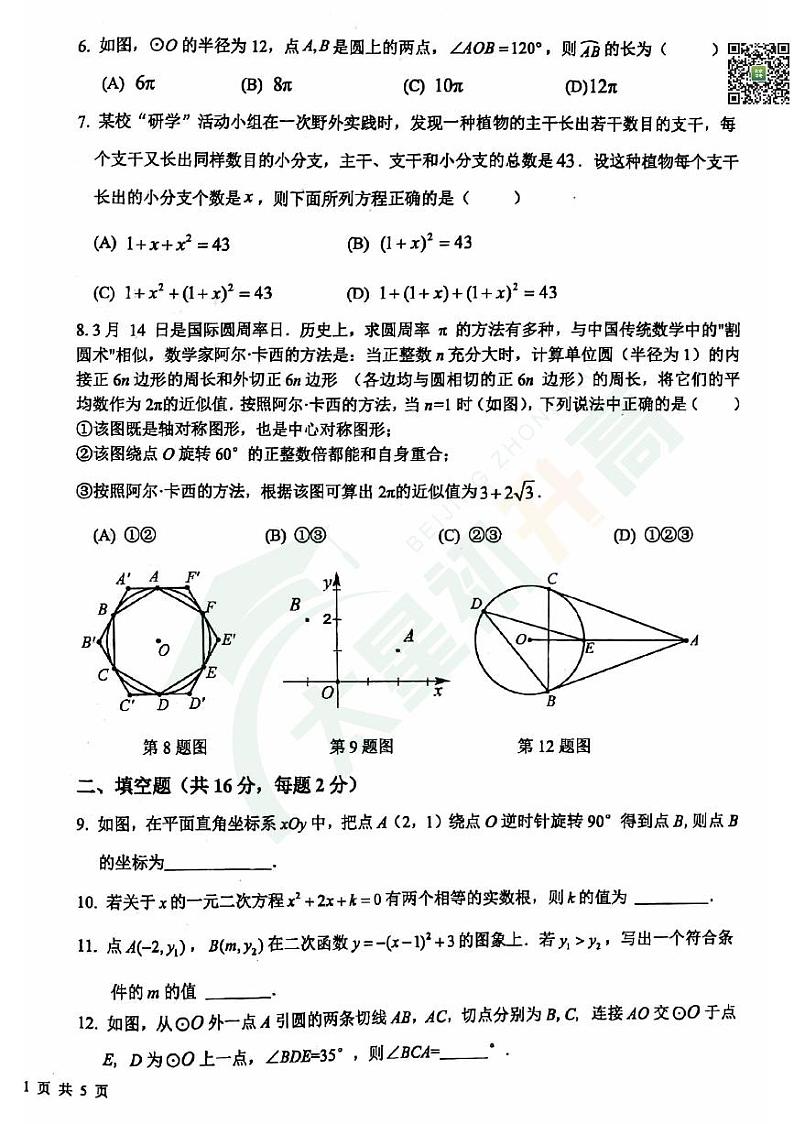2024北京一零一中初三（上）期中数学   无答案试题第2页