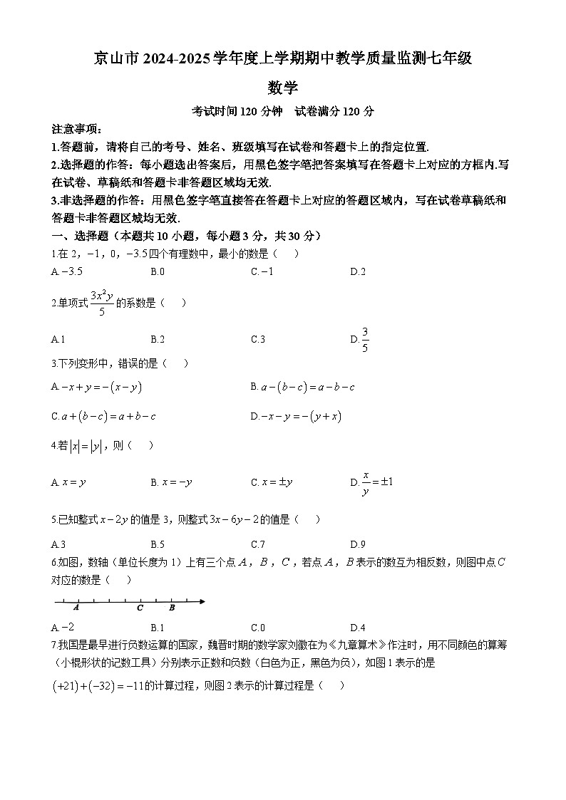 湖北省荆门市京山市2024-2025学年 上学期期中教学质量监测七年级 数学试题第1页