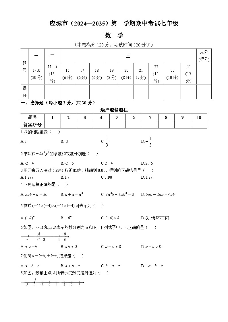 湖北省孝感市应城市2024-2025学年七年级上学期期中数学试题(无答案)第1页