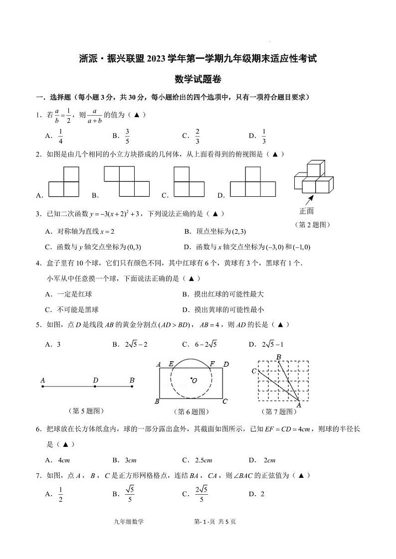 2023-2024学年九年级上学期期末适应性考试（1月）数学试题（含答案）第1页