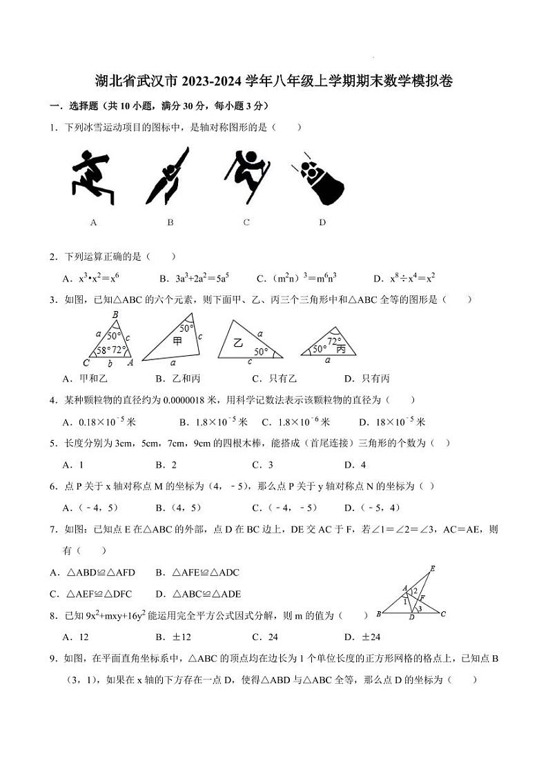 湖北省武汉市2023-2024学年八年级上学期期末数学模拟卷（含答案）第1页