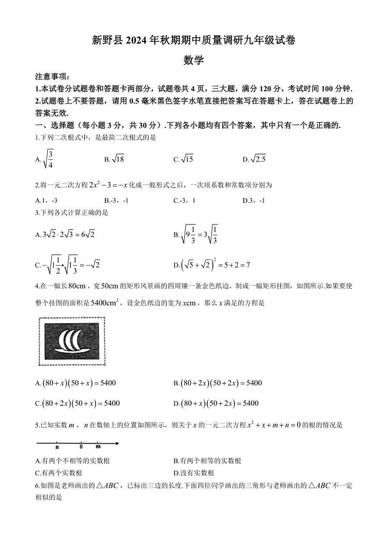 河南省南阳市新野县2024～2025学年九年级(上)期中数学试卷(含答案)第1页