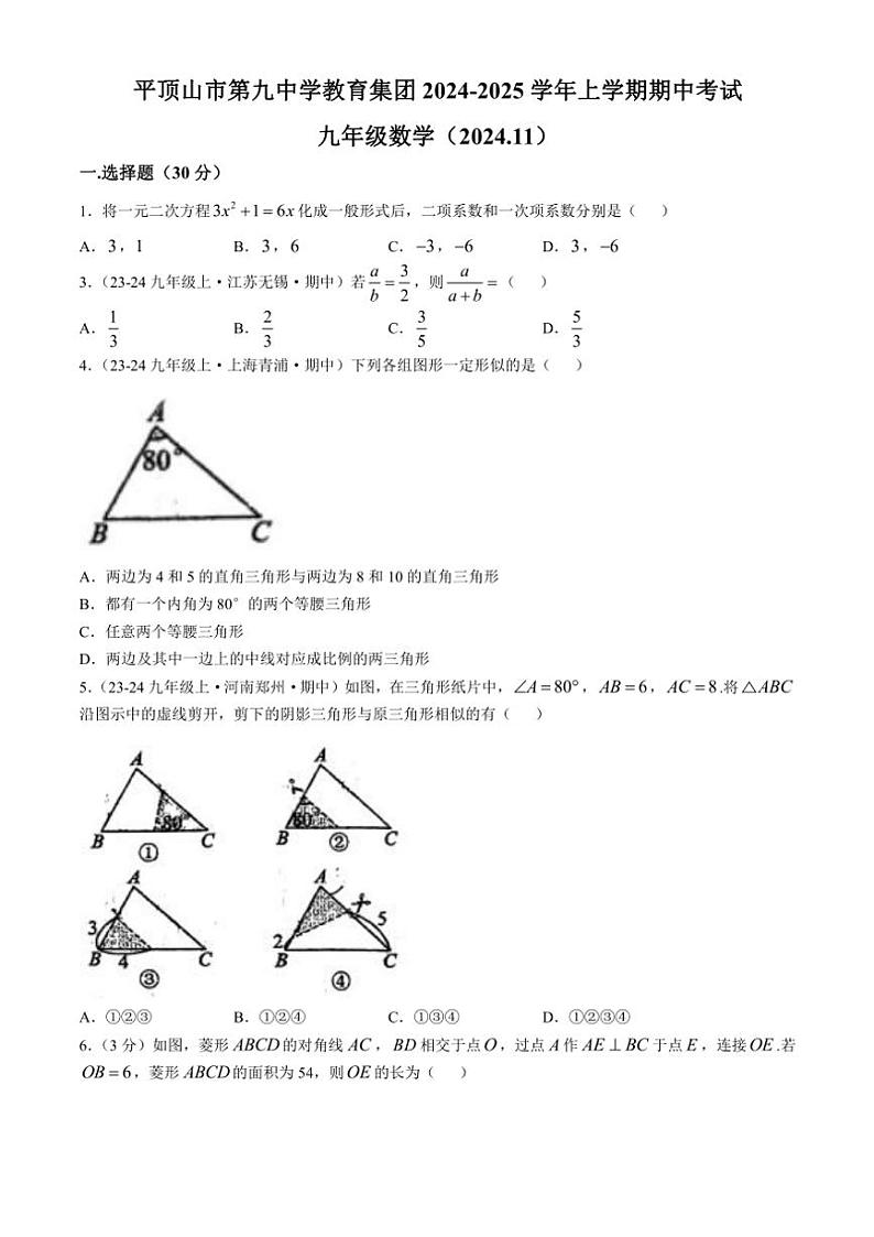 河南省平顶山市九中教育集团2024～2025学年九年级(上)数学期中测试卷(含答案)01
