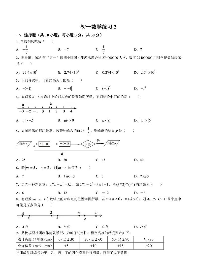 北京市海淀区首都师范大学附属中学第一分校2023-2024学年七年级上学期月考数学试题第1页