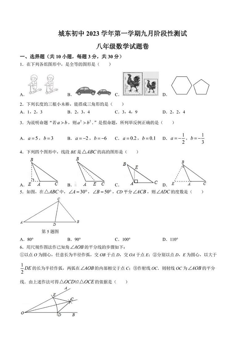 浙江省绍兴市诸暨市城东初级中学2023-2024学年八年级上学期9月月考数学试题第1页