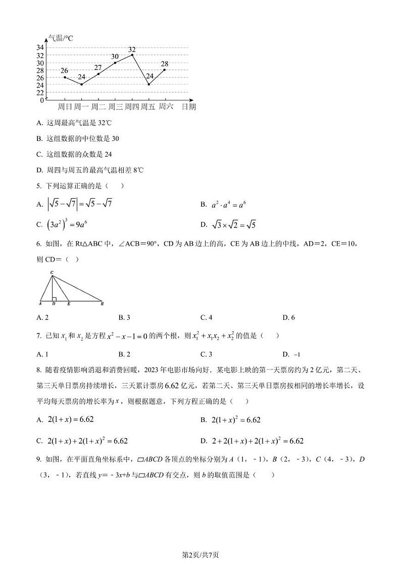 广东广雅中学2023年九年级上学期开学考数学试题（原卷版）第2页