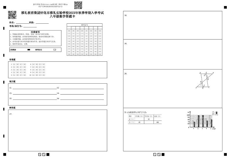 雅礼教育集团怀化市雅礼实验学校2023年秋季学期入学考试八年级数学答题卡(1)第1页