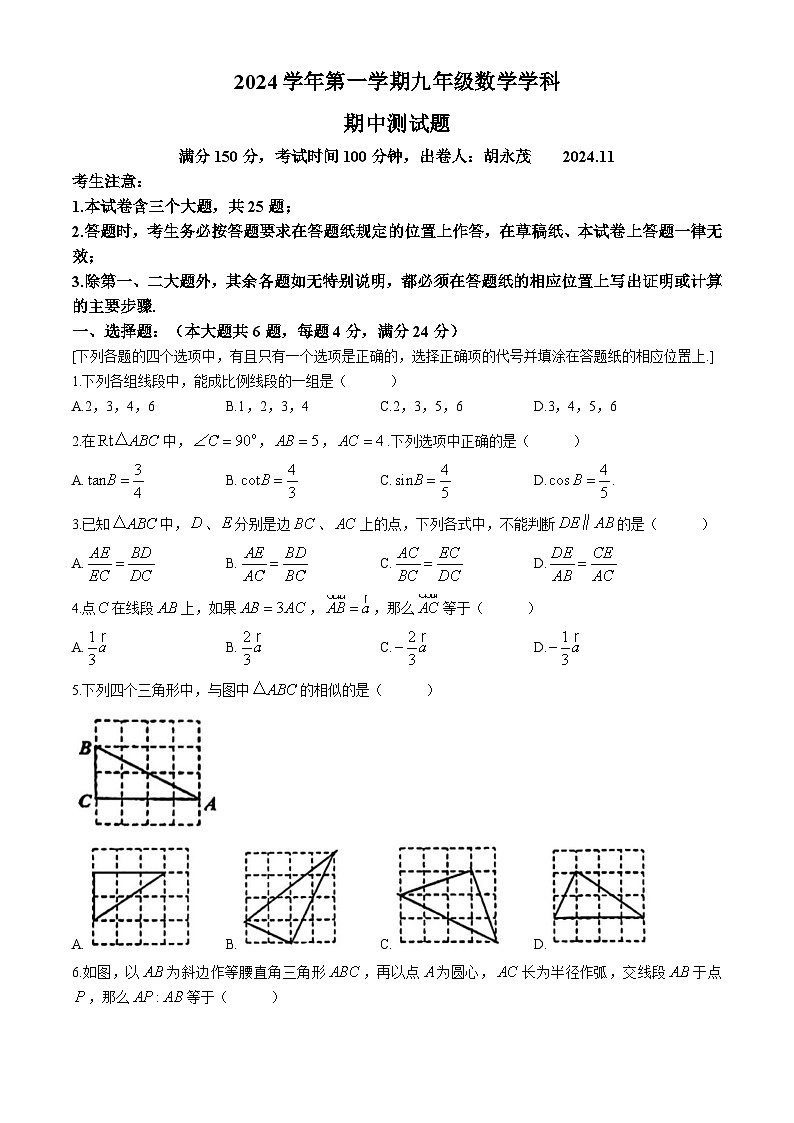 上海市奉贤区2024-2025学年上学期九年级数学学科期中测试题(无答案)第1页
