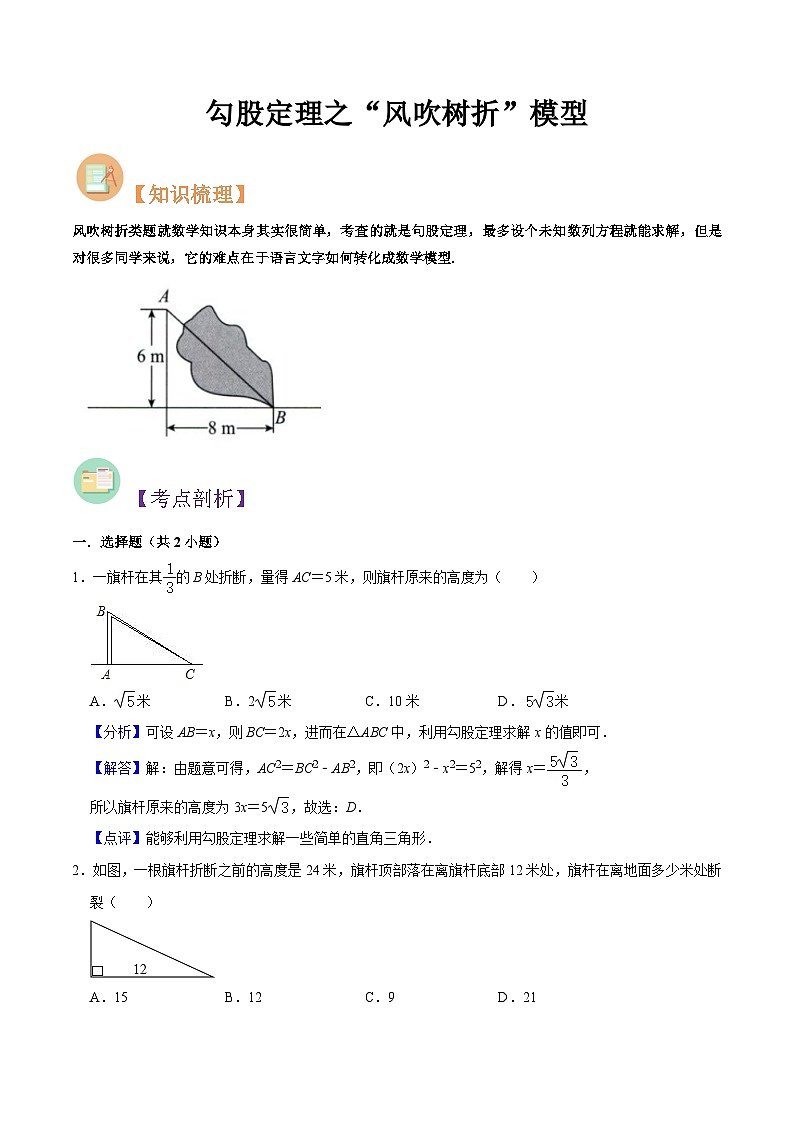 重难点04勾股定理之“风吹树折”模型（解析版）第1页