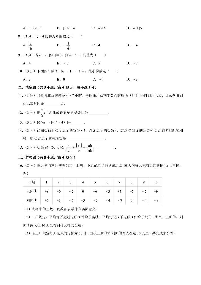 人教版七年级入学分班考试卷（测试范围：有理数）（原卷版）第2页