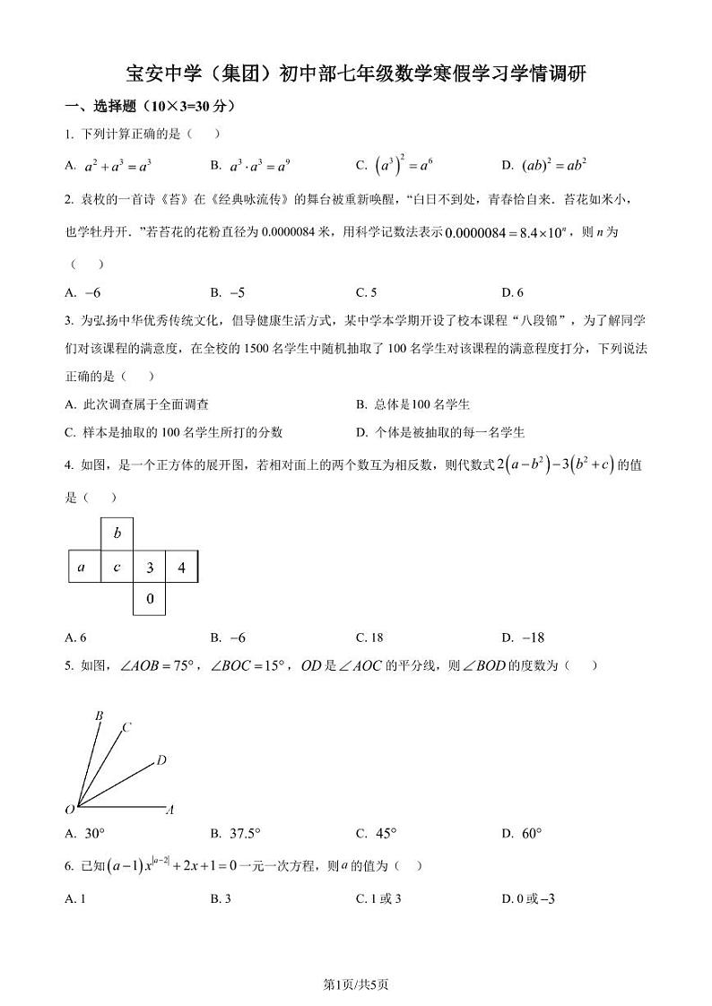 广东深圳宝安中学（集团）初中部2023-2024学年七年级下学期开学考数学试题（原卷版+解析版）第1页