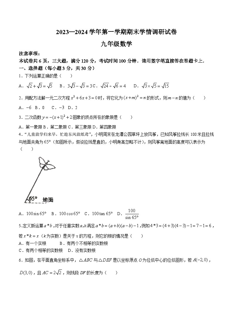 河南省周口市郸城县2023-2024学年九年级上学期期末数学试题(无答案)第1页