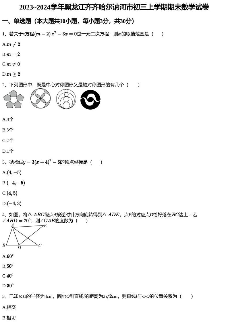 2023~2024学年黑龙江齐齐哈尔讷河市初三上学期期末数学试卷01