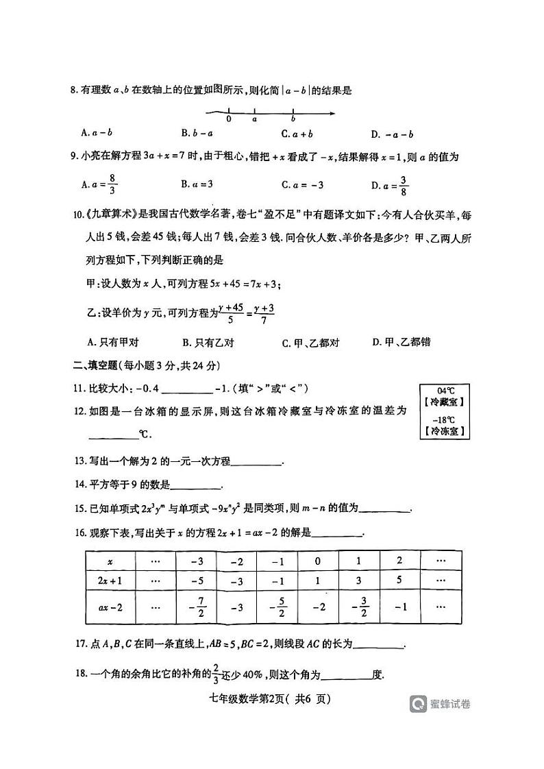 许昌市2023-2024学年第一学期期末教学质量检测七年级数学第2页