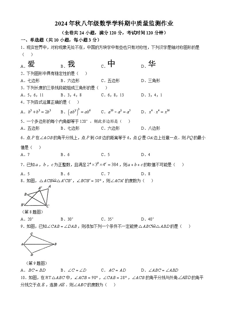 湖北省宜昌市外国语初级中学2024-2025学年八年级上学期11月期中数学试题(无答案)第1页