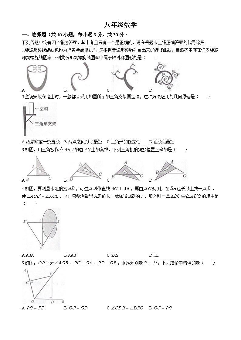 湖北省武汉市江岸区2024~2025学年上学期期中考试八年级数学试卷 (无答案)第1页