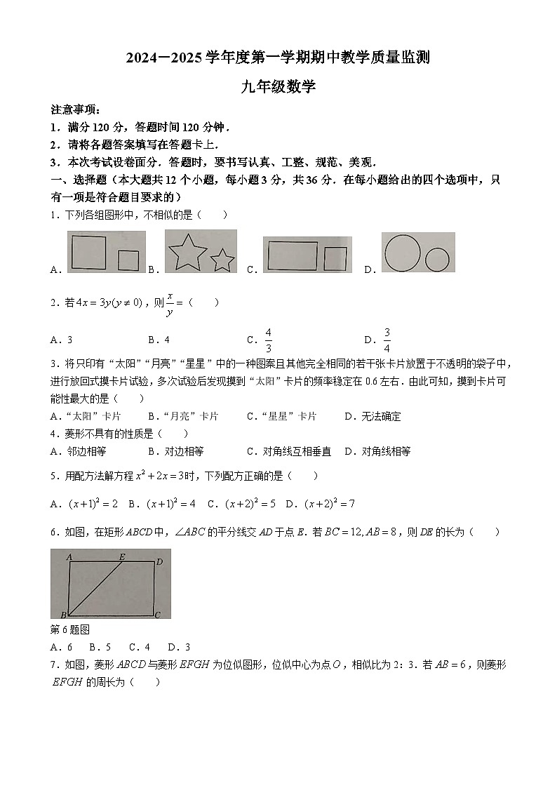 河北省保定市高碑店市2024-2025学年九年级上学期11月期中考试数学试题(无答案)第1页