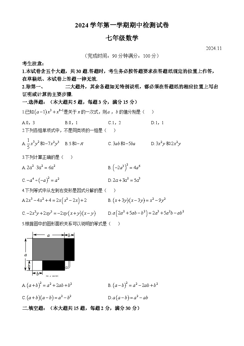 上海市淞谊中学2024-2025学年上学期七年级数学期中检测试卷01