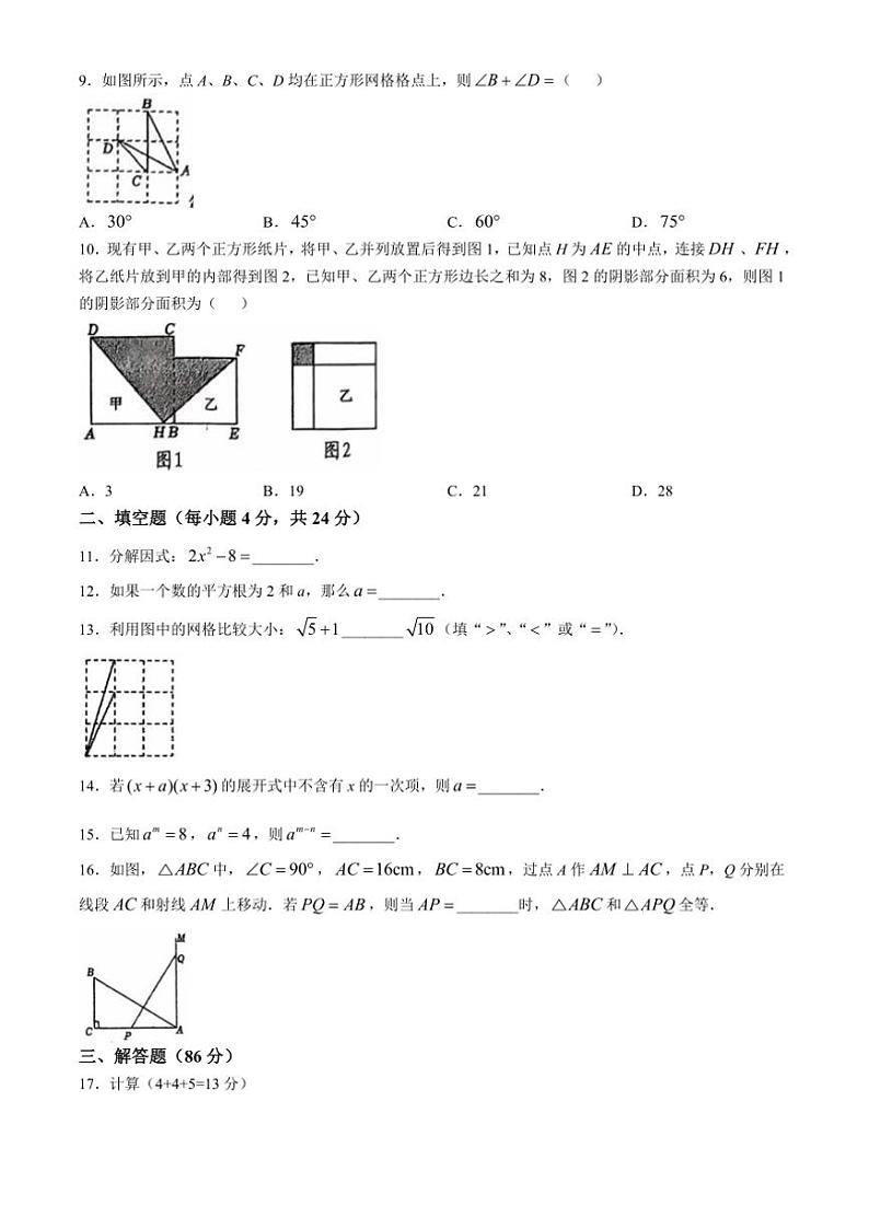 福建省漳州市华安县2024～2025学年八年级(上)数学期中卷(含简单答案)02