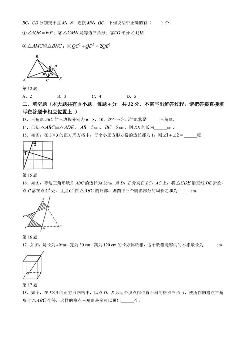 江苏省宿迁市泗阳县2024～2025学年八年级(上)期中数学试卷(含答案)第3页
