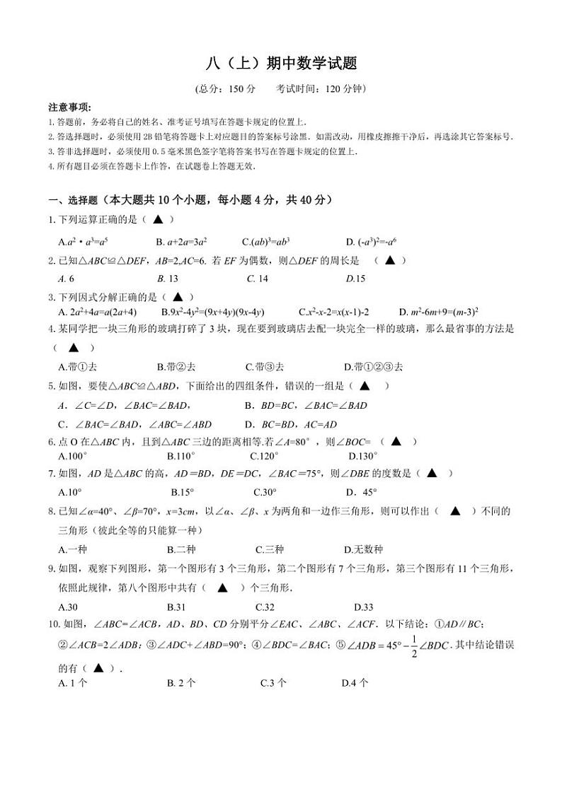 四川省南充市嘉陵区南湖初级中学2024—2025学年八年级(上)期中数学试卷(含答案)01
