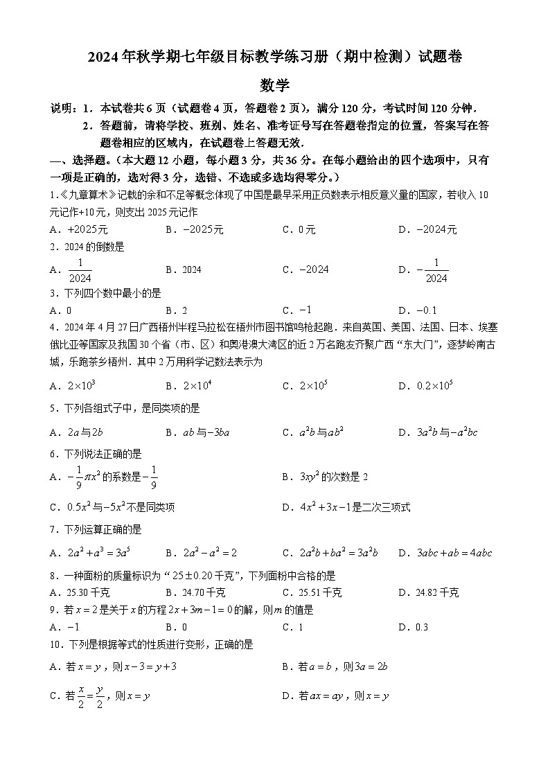 广西壮族自治区梧州市苍梧县2024—2025学年七年级上学期11月期中数学试卷01