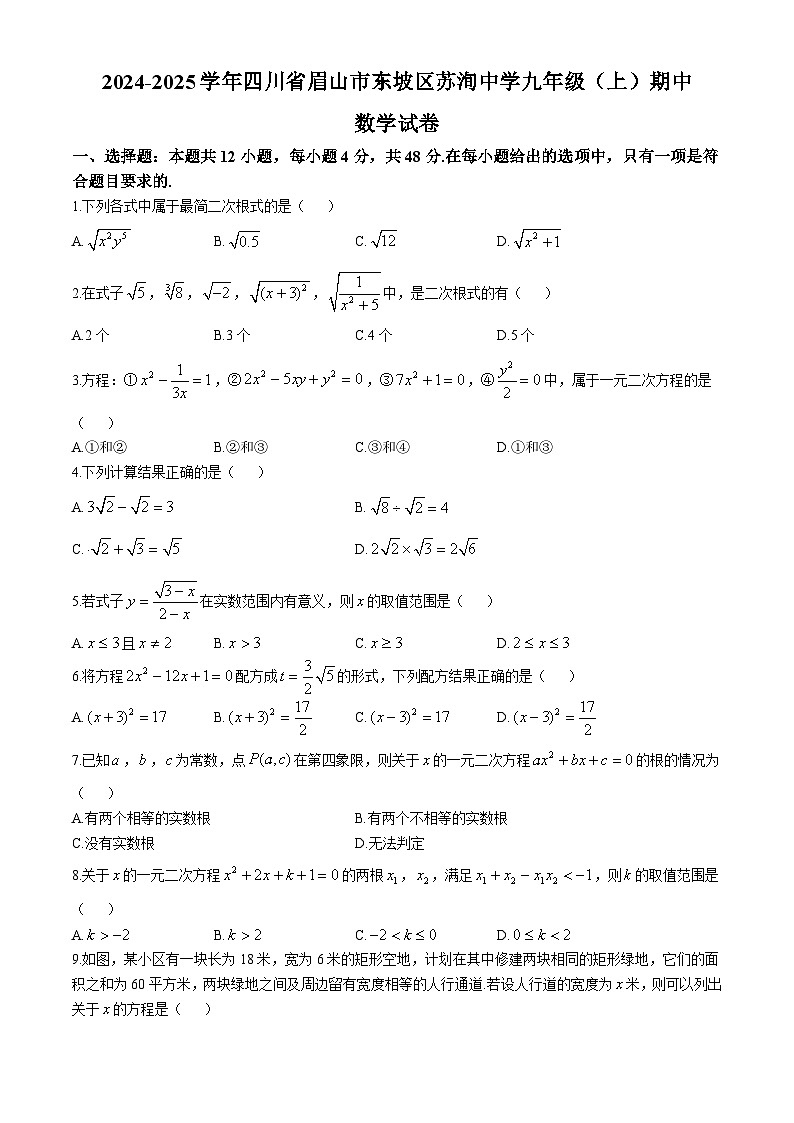 四川省眉山市东坡区苏洵中学2024—2025学年上学期九年级期中数学试卷第1页