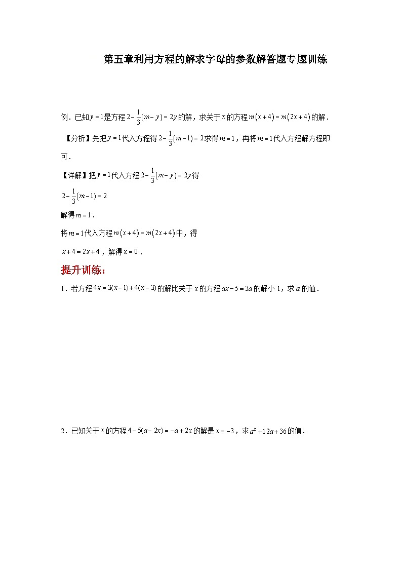 第五章利用方程的解求字母的参数解答题专题训练--2024-2025学年人教版七年级上册数学期末提升专题训练第1页