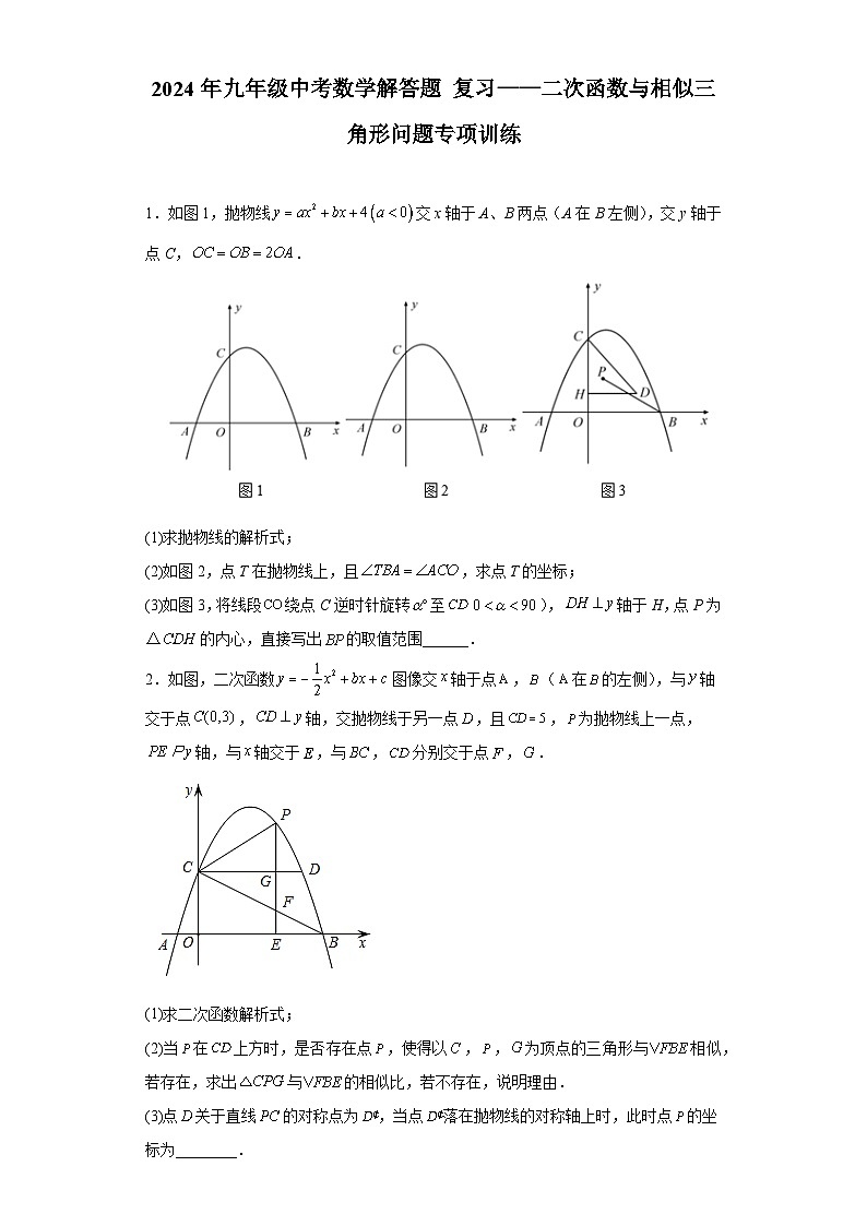 2024年九年级中考数学解答题 复习——二次函数与相似三角形问题专项训练第1页