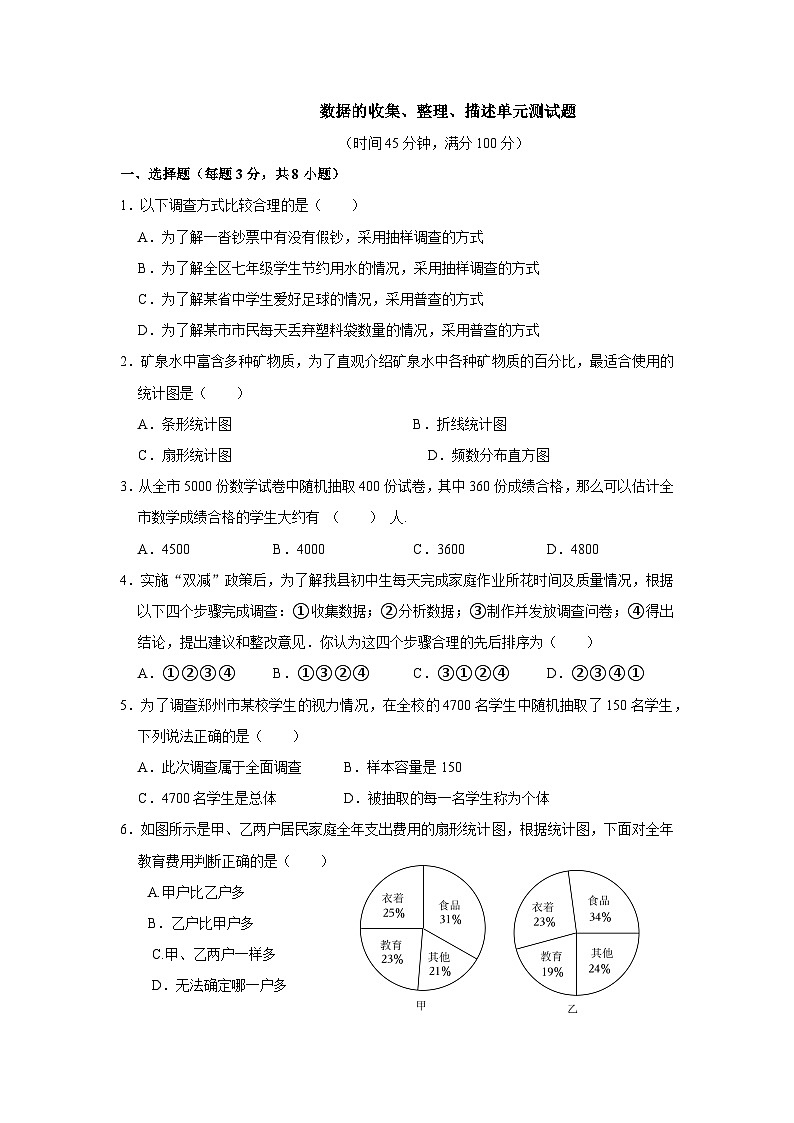 第7章数据的收集、整理、描述单元测试题2023-2024学年苏科版数学八年级下册第1页