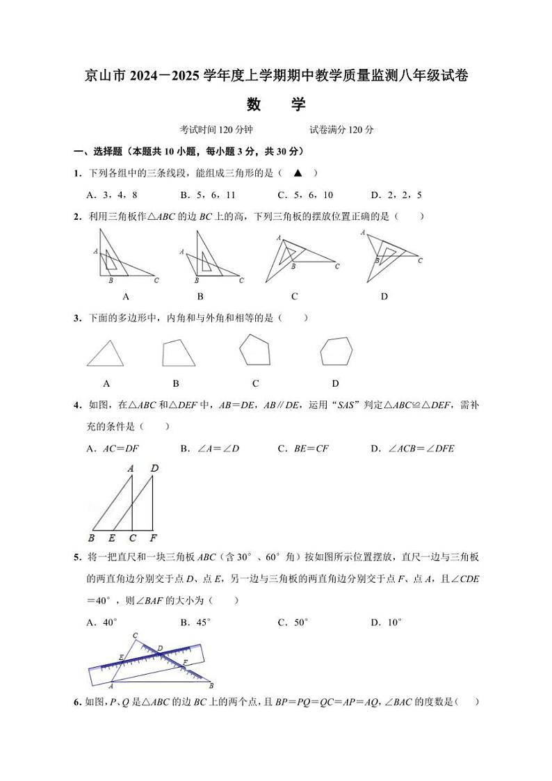 2024～2025学年湖北省荆门市京山市八年级(上)期中教学质量监测数学试卷(解析版+学生版)第1页