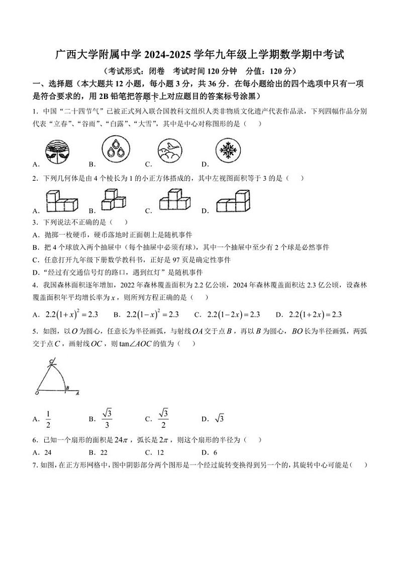2024～2025学年广西南宁市广西大学附属中学九年级(上)数学期中试卷(含答案)01